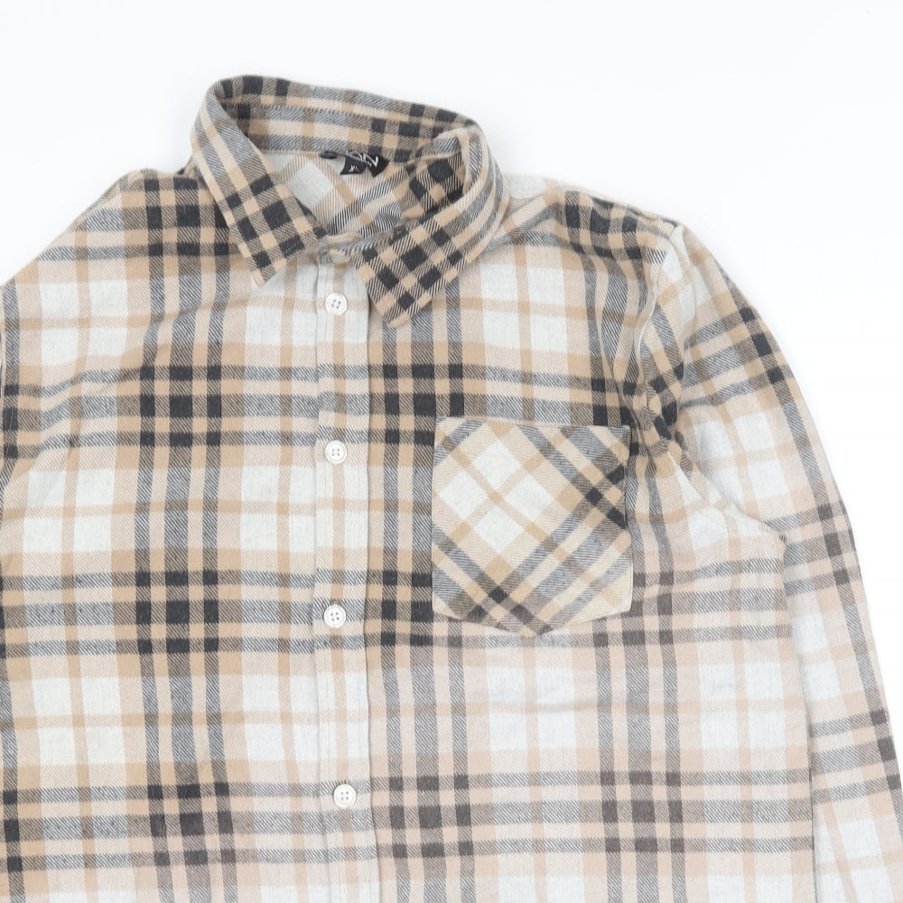 Boohoo Mens Brown Plaid Cotton Button-Up Size XL Collared Button