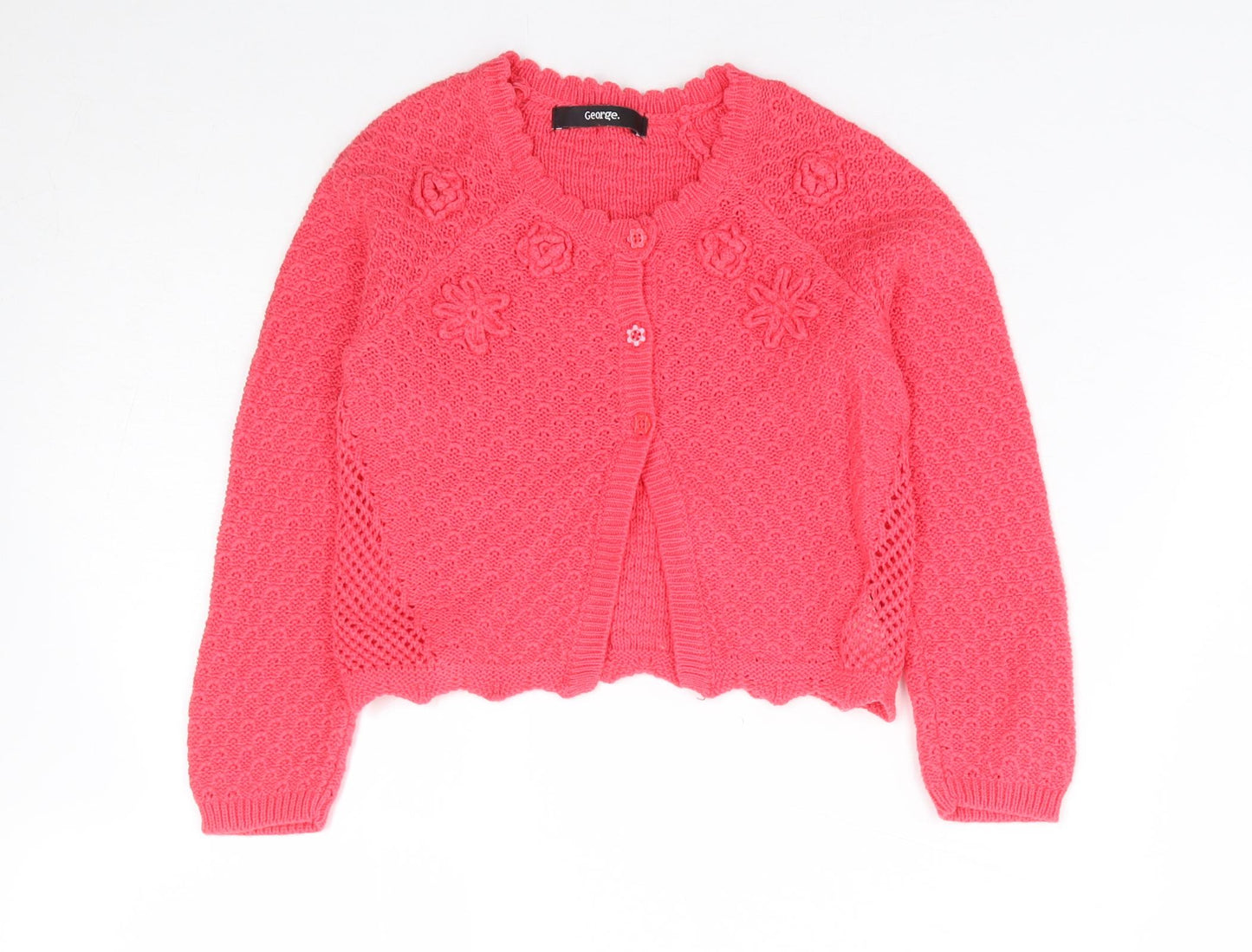 George Girls Pink Crew Neck Floral 100% Cotton Cardigan Jumper Size 3-4 Years Button