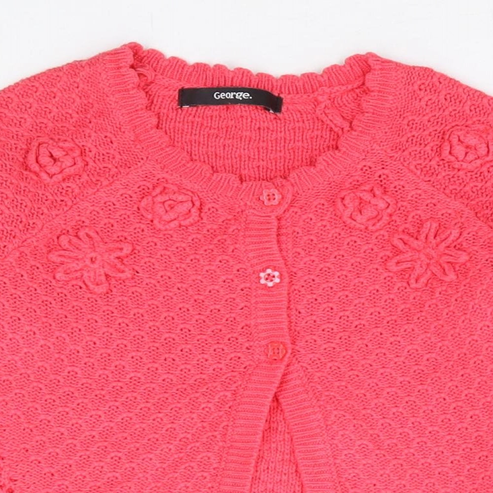 George Girls Pink Crew Neck Floral 100% Cotton Cardigan Jumper Size 3-4 Years Button