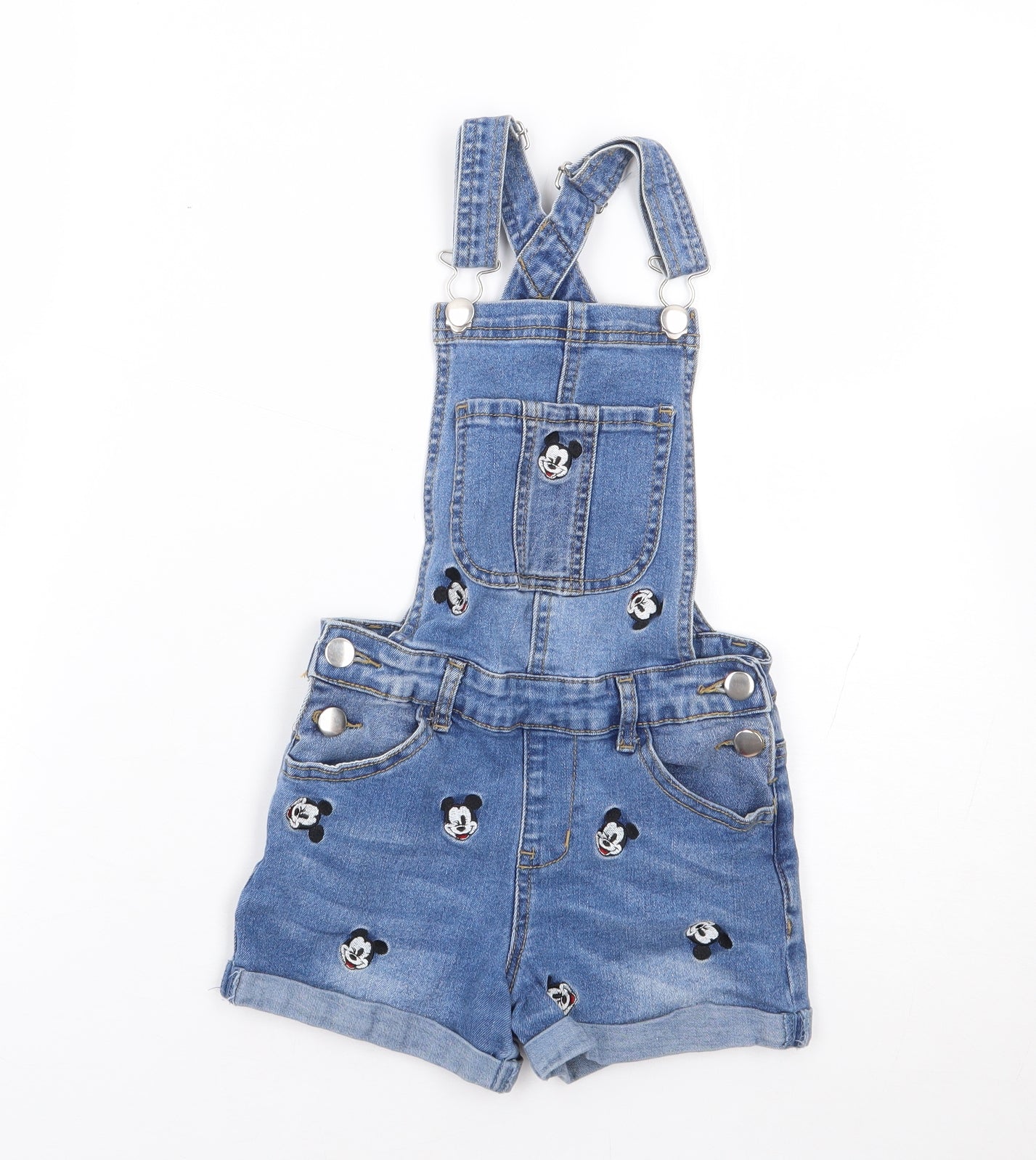 Primark Girls Blue Geometric Cotton Dungaree One-Piece Size 7-8 Years Button - Mickey Mouse