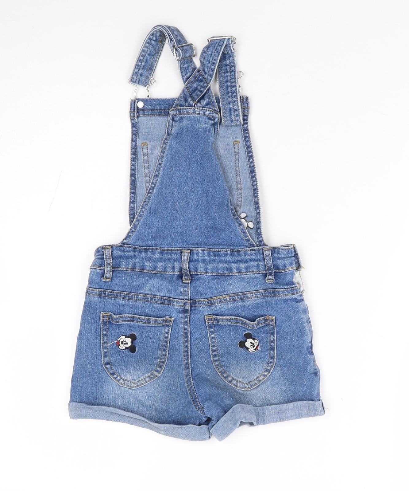 Primark Girls Blue Geometric Cotton Dungaree One-Piece Size 7-8 Years Button - Mickey Mouse