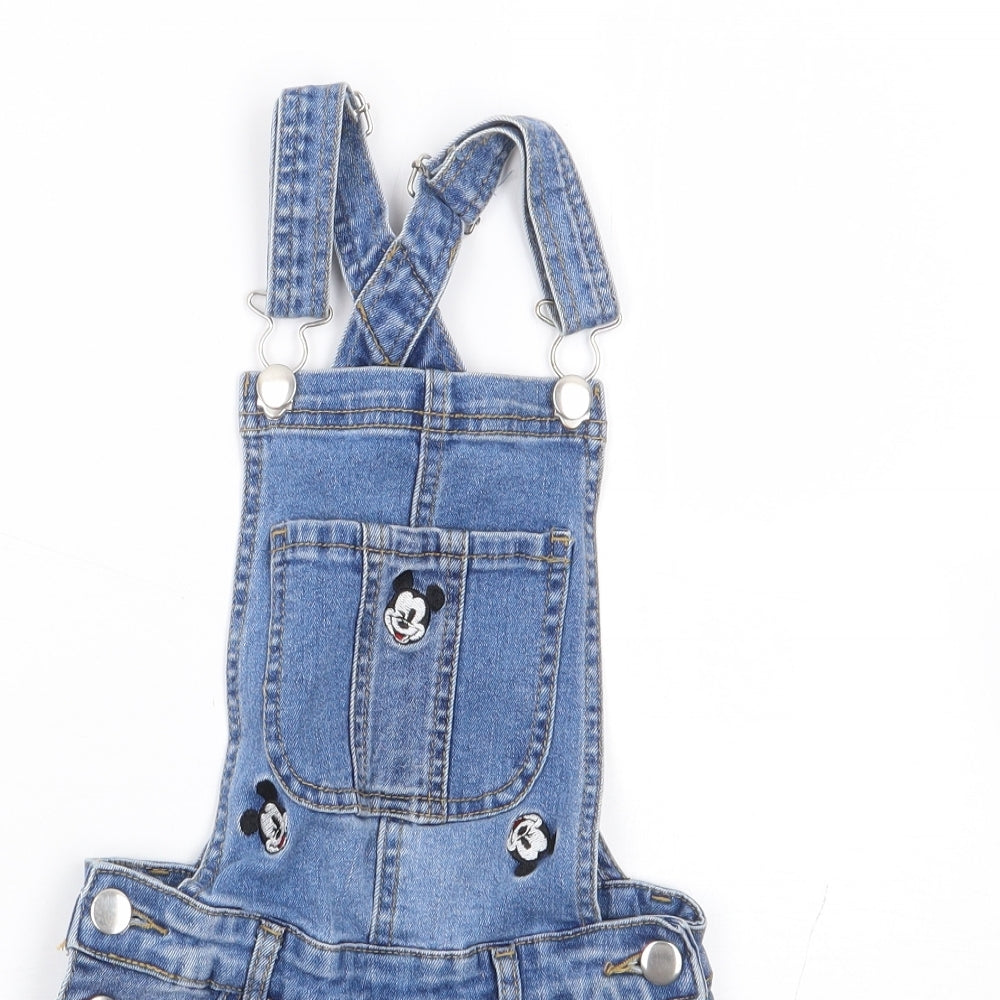 Primark Girls Blue Geometric Cotton Dungaree One-Piece Size 7-8 Years Button - Mickey Mouse