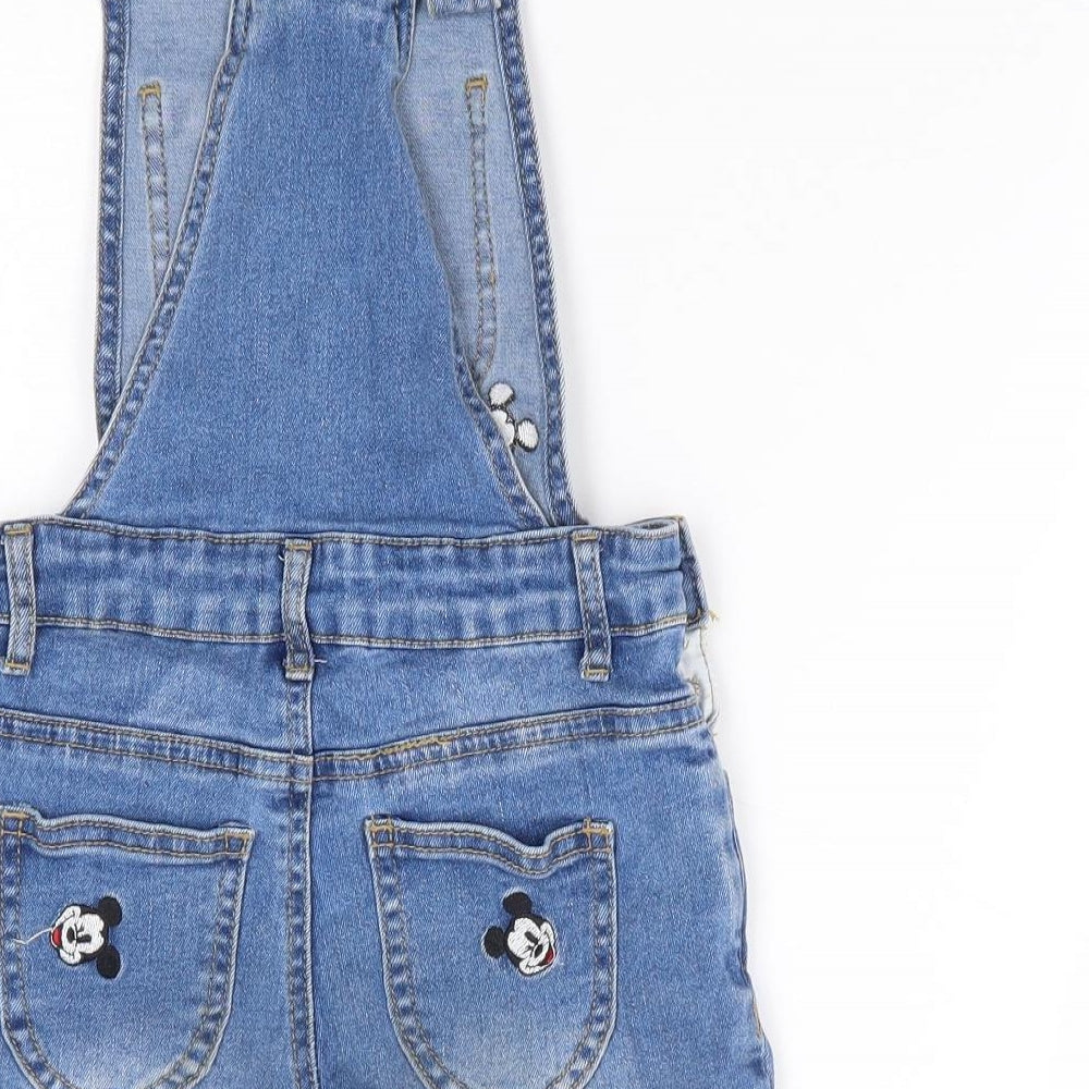 Primark Girls Blue Geometric Cotton Dungaree One-Piece Size 7-8 Years Button - Mickey Mouse