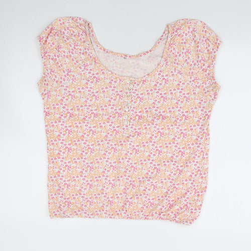 E-vie Womens Pink Floral 100% Cotton Jersey T-Shirt Size 12 Round Neck