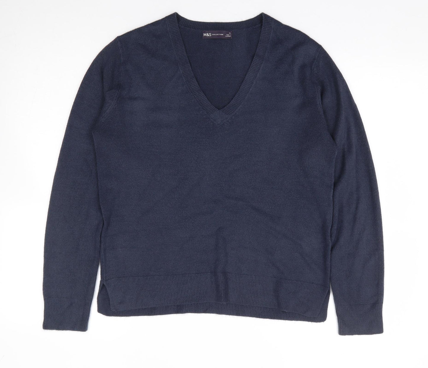 Marks and Spencer Womens Blue V-Neck Acrylic Pullover Jumper Size 12