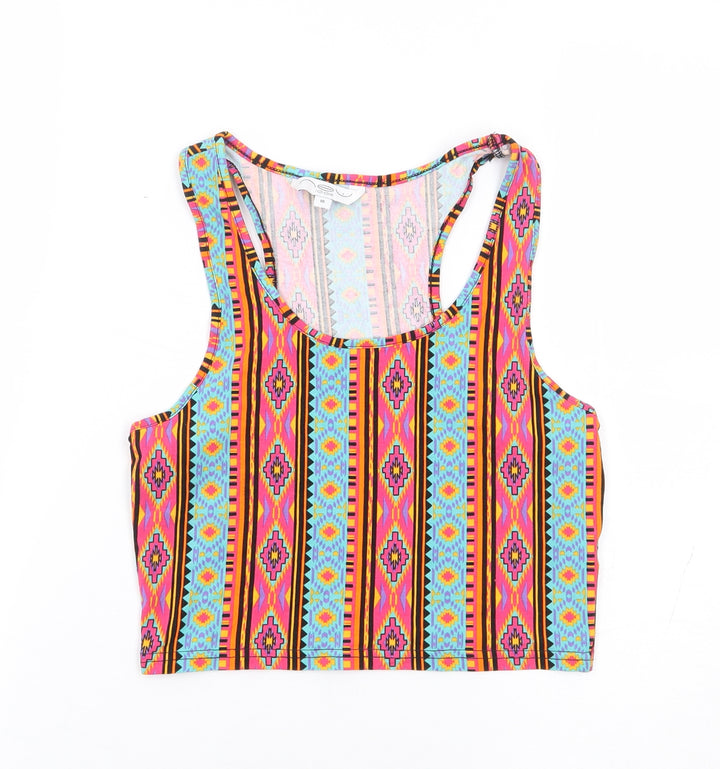 New Look Womens Multicoloured Geometric Cotton Cropped Tank Size 10 Round Neck