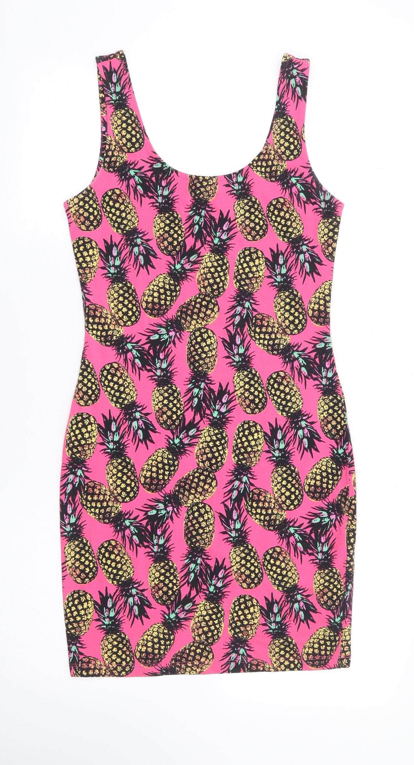 New Look Womens Pink Geometric Cotton Tank Dress Size 10 Round Neck Pullover - Pineapple