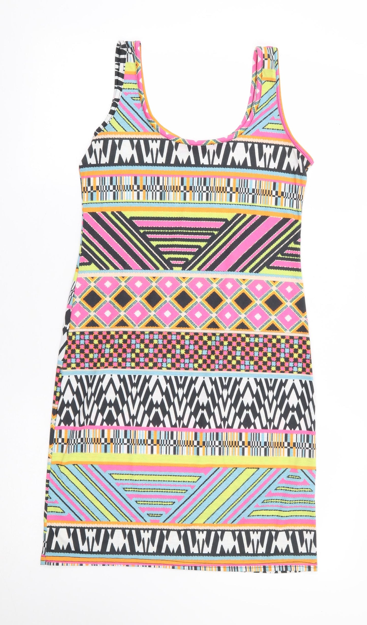 Boohoo Womens Multicoloured Geometric Polyester Tank Dress Size 10 Round Neck Pullover
