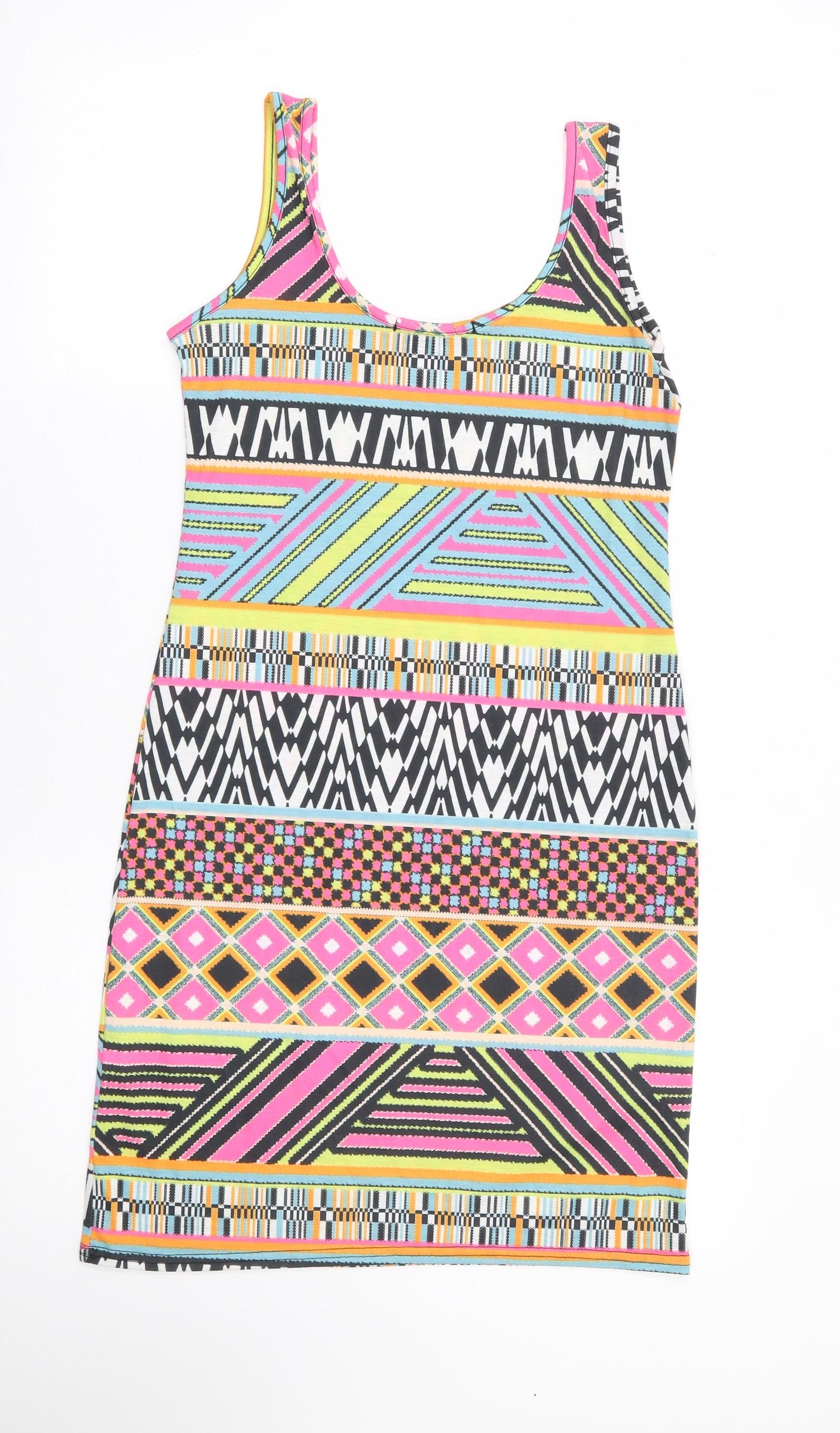 Boohoo Womens Multicoloured Geometric Polyester Tank Dress Size 10 Round Neck Pullover