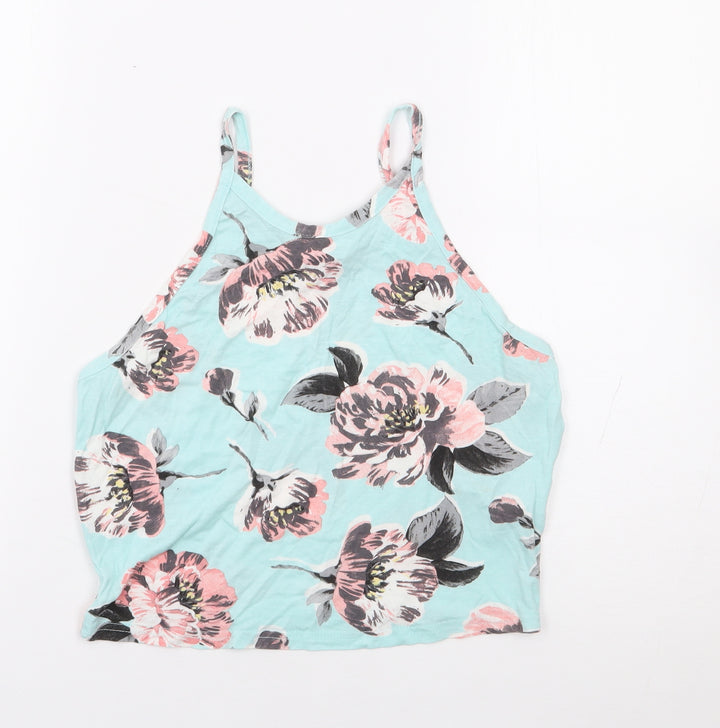 Miss Selfridge Womens Blue Floral Viscose Cropped Tank Size 10 Round Neck