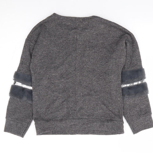 Maelys Girls Grey Round Neck Polyester Pullover Jumper Size 12 Years Pullover - Embellished Sleeves