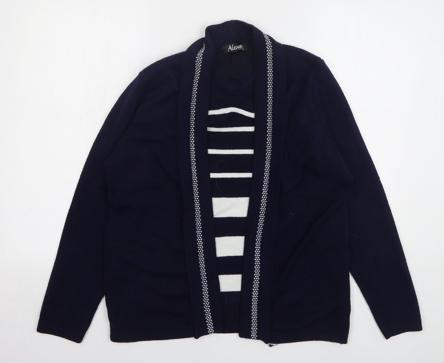 Alexara Womens Blue Round Neck Striped Acrylic Cardigan Jumper Size M