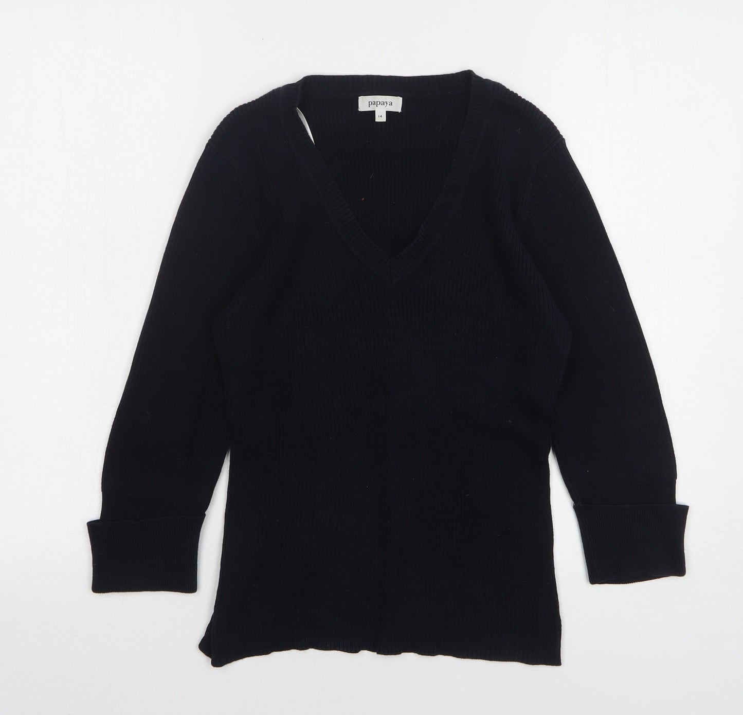 Papaya Womens Black V-Neck Cotton Pullover Jumper Size 14