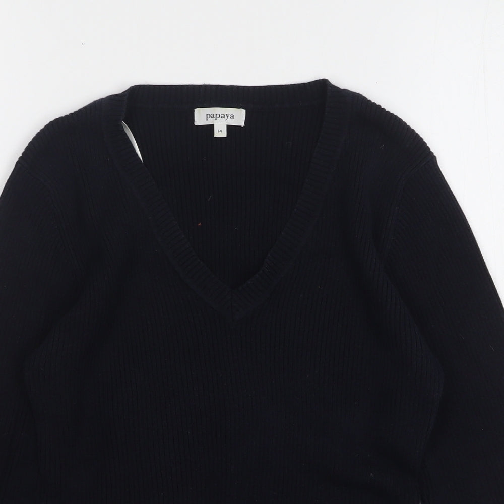 Papaya Womens Black V-Neck Cotton Pullover Jumper Size 14