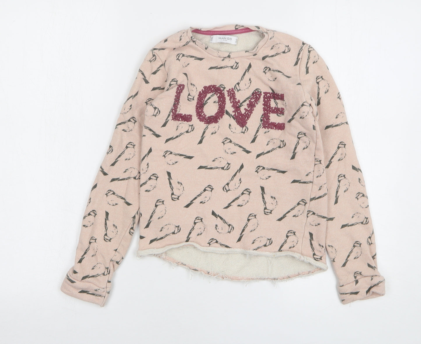 Mango Girls Pink Geometric Cotton Pullover Sweatshirt Size 9-10 Years - Love, Birds