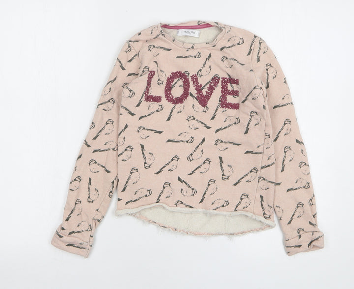 Mango Girls Pink Geometric Cotton Pullover Sweatshirt Size 9-10 Years - Love, Birds