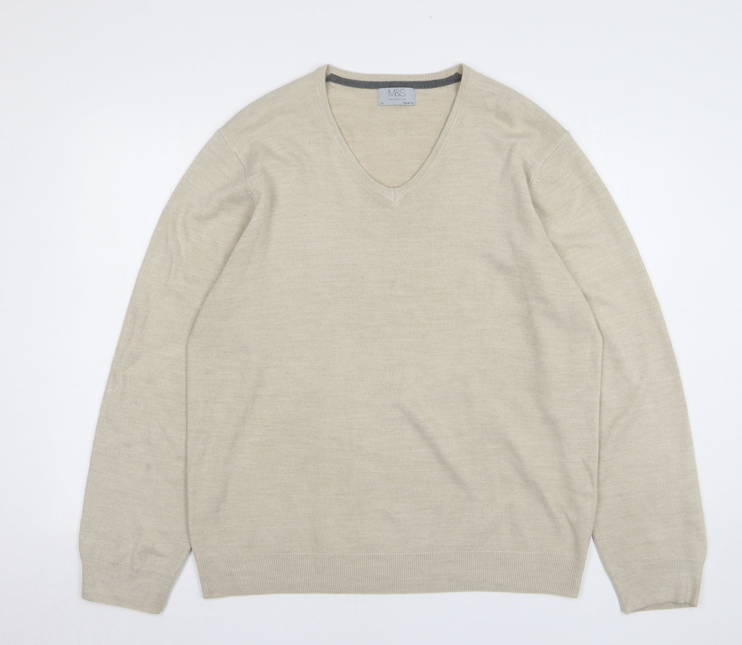 Marks and Spencer Mens Beige V-Neck Acrylic Pullover Jumper Size XL