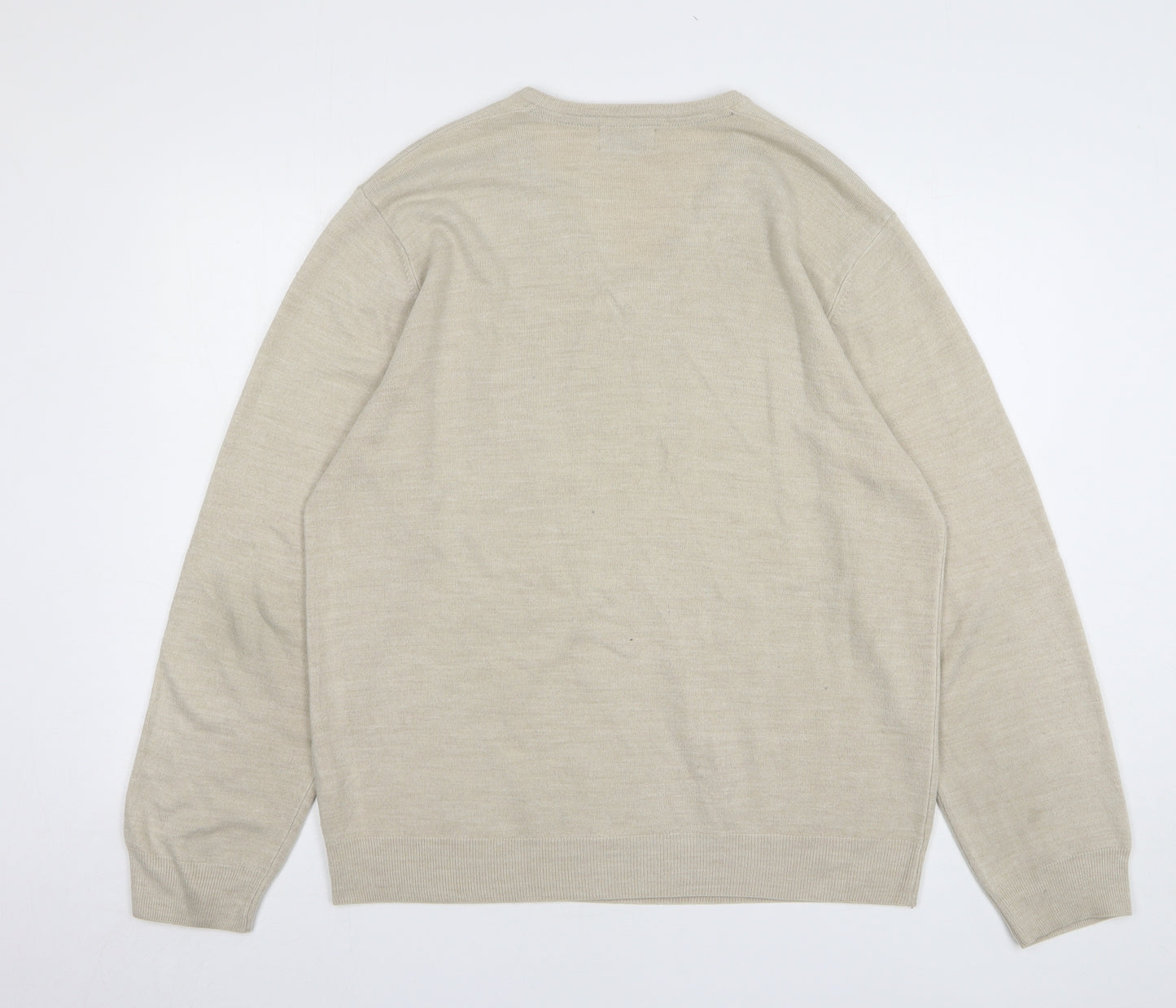 Marks and Spencer Mens Beige V-Neck Acrylic Pullover Jumper Size XL