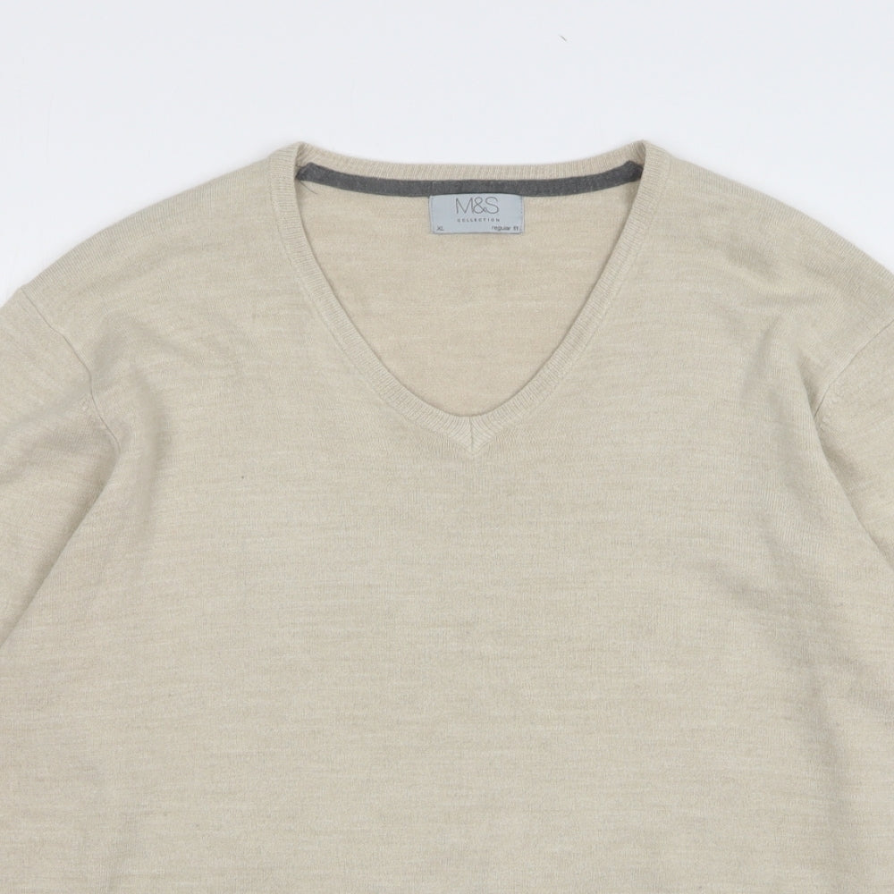 Marks and Spencer Mens Beige V-Neck Acrylic Pullover Jumper Size XL