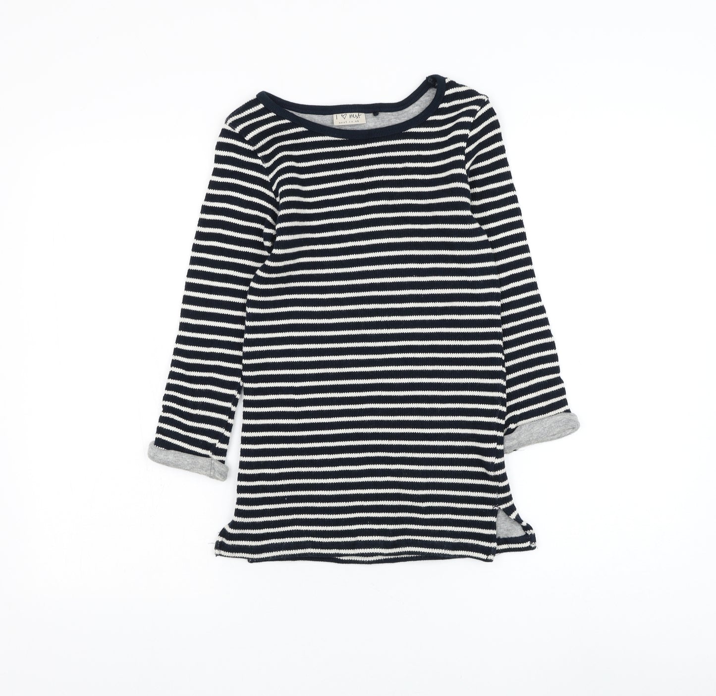 NEXT Girls Blue Striped Cotton Jumper Dress Size 7 Years Round Neck Pullover