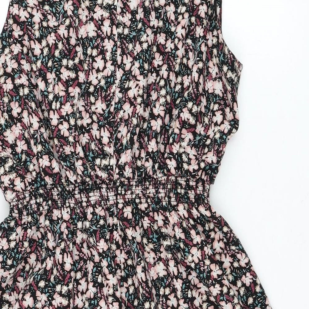 New Look Womens Black Floral Polyester Skater Dress Size 14 Round Neck Pullover
