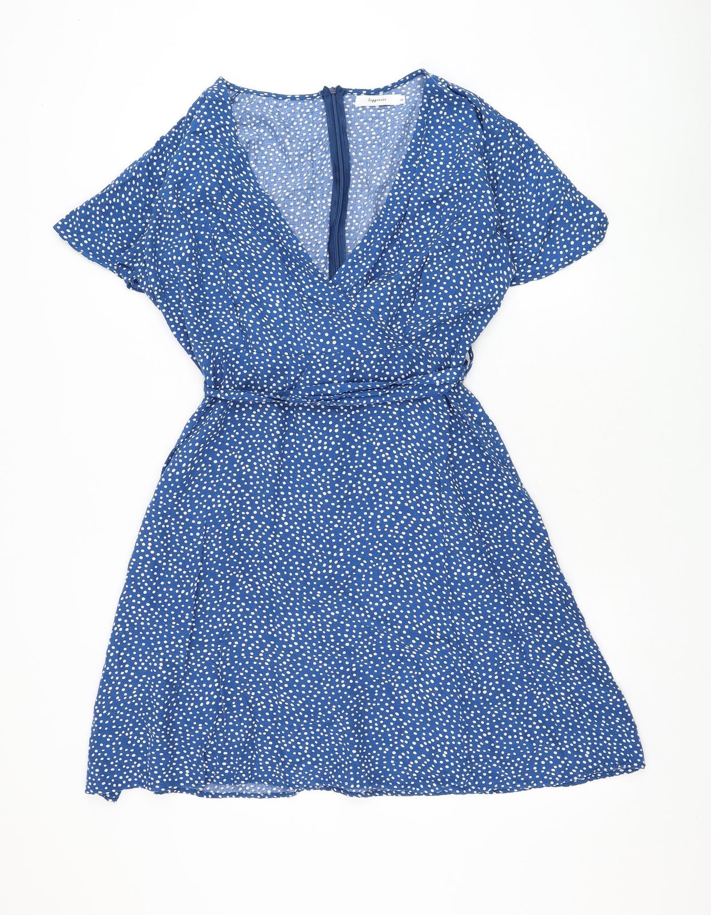 Copperose Womens Blue Polka Dot Viscose Skater Dress Size L V-Neck Pullover