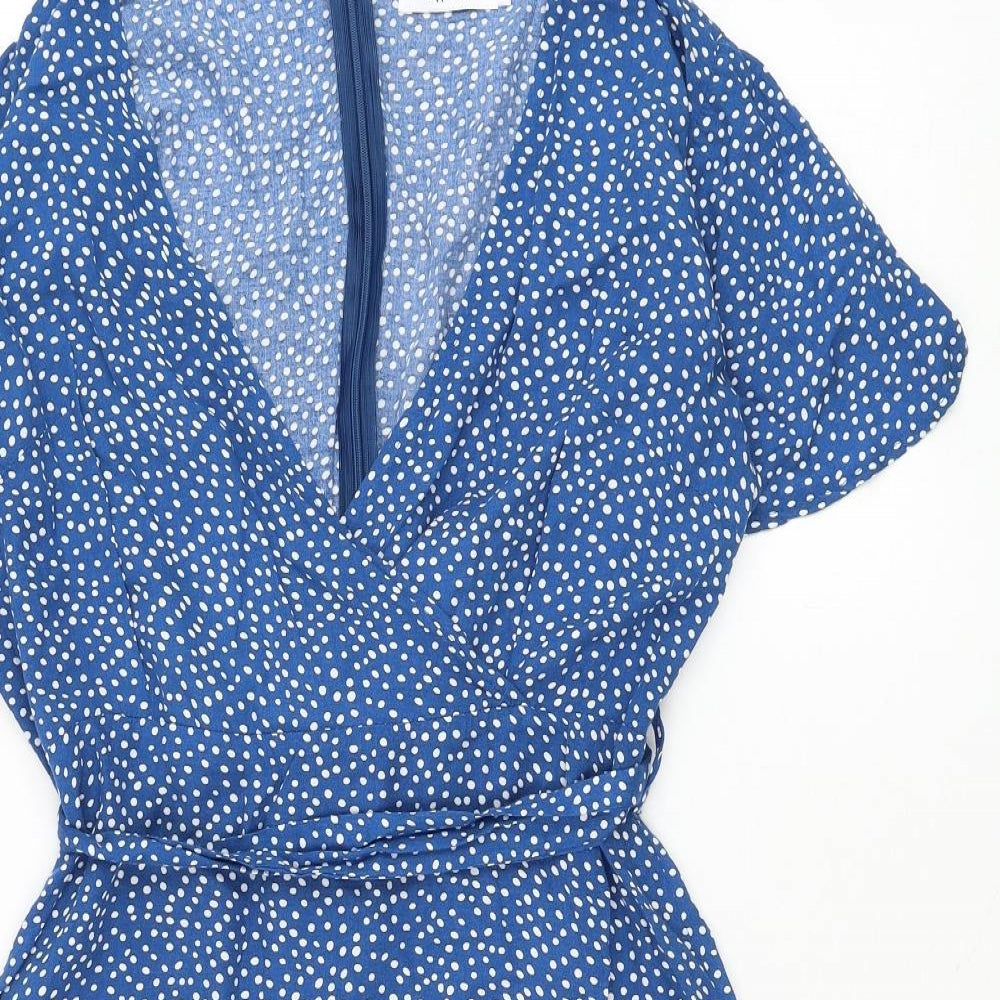 Copperose Womens Blue Polka Dot Viscose Skater Dress Size L V-Neck Pullover