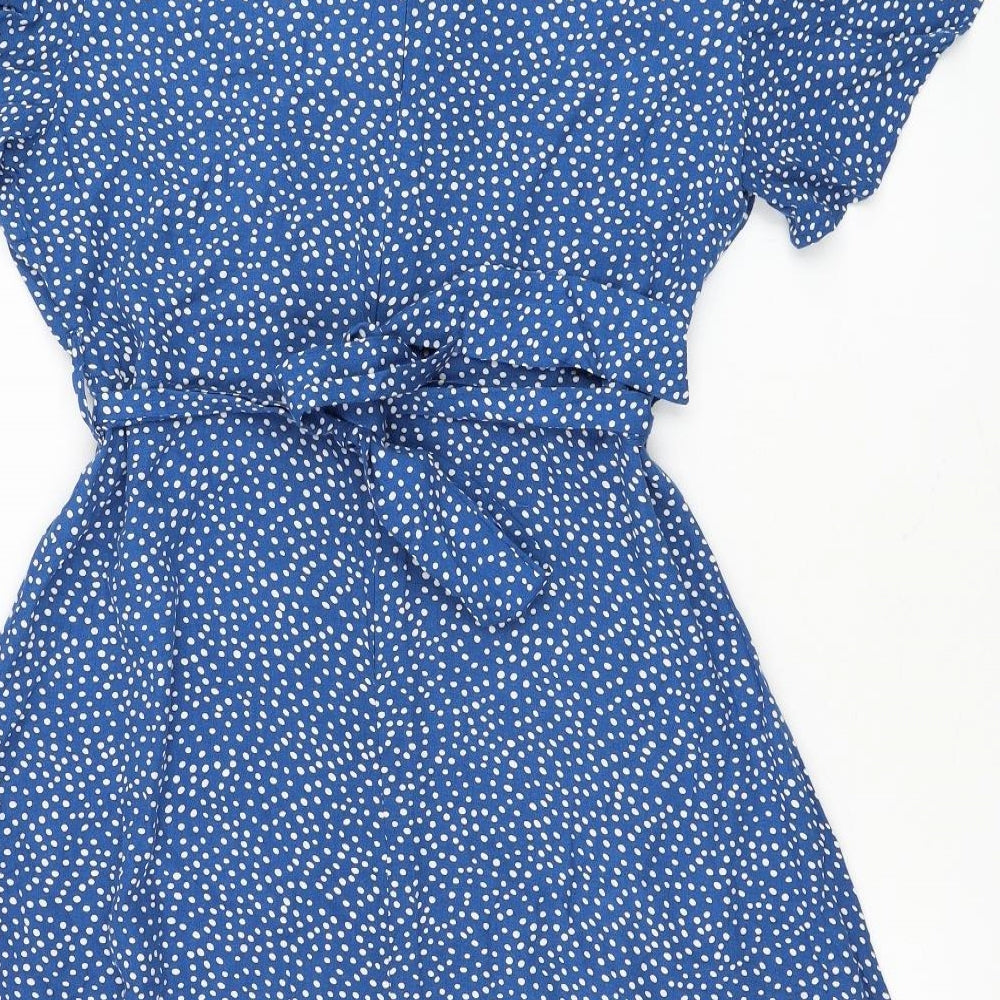 Copperose Womens Blue Polka Dot Viscose Skater Dress Size L V-Neck Pullover