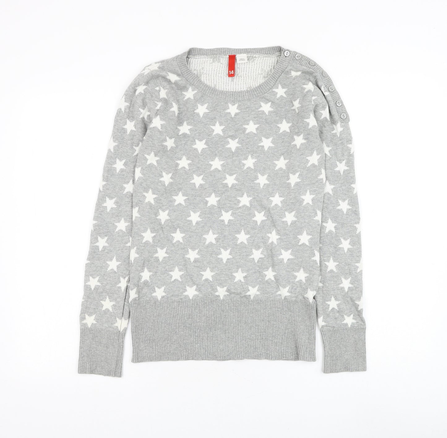 Divided by H&M Womens Grey Round Neck Cotton Pullover Jumper Size 14 - Star