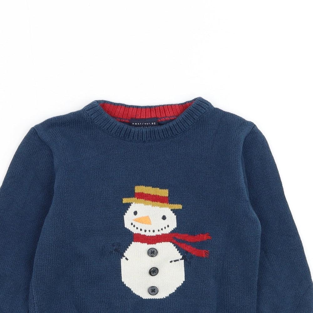 NEXT Boys Blue Round Neck Cotton Pullover Jumper Size 2-3 Years Pullover - Snowman, Christmas