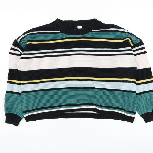 H&M Womens Black Round Neck Striped Cotton Pullover Jumper Size S