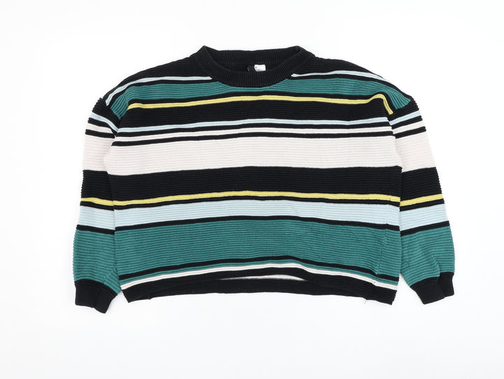 H&M Womens Black Round Neck Striped Cotton Pullover Jumper Size S