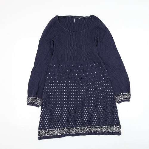 Fat Face Womens Blue Cotton Jumper Dress Size M Round Neck Button
