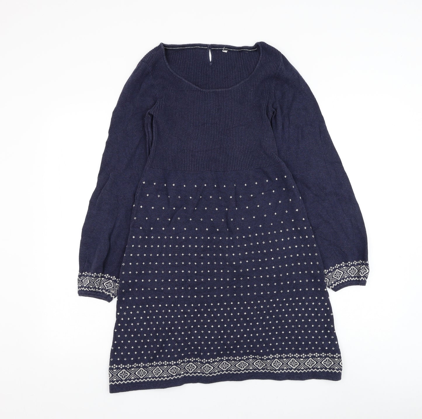 Fat Face Womens Blue Cotton Jumper Dress Size M Round Neck Button