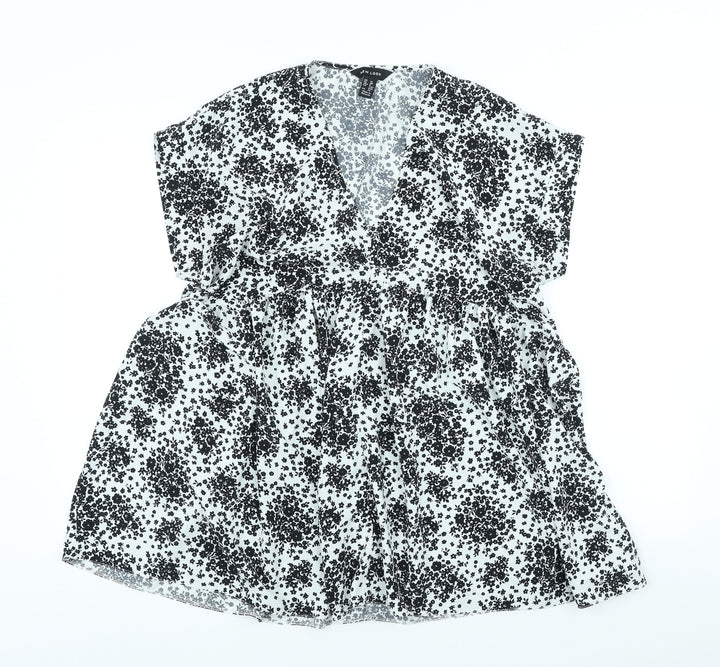 New Look Womens White Floral Polyester A-Line Size 12 V-Neck