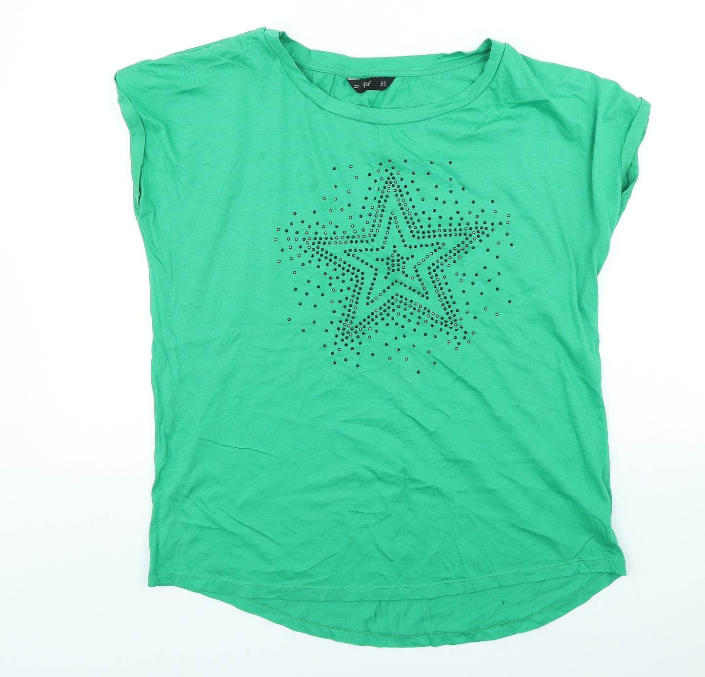 F&F Womens Green Cotton Basic T-Shirt Size 16 Scoop Neck - Star