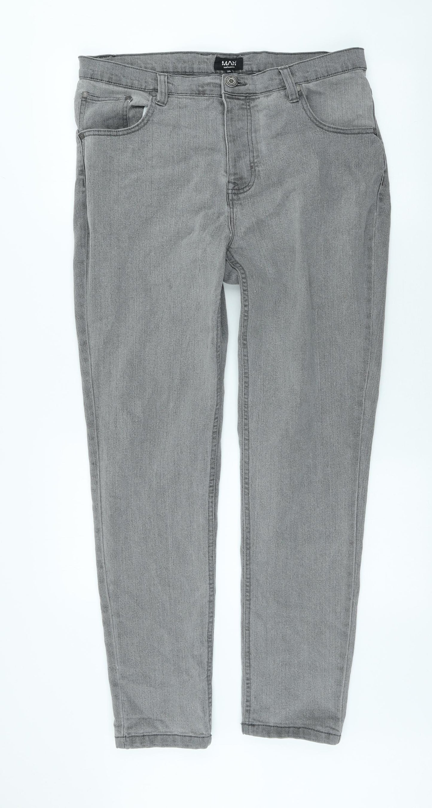 Boohoo Mens Grey Cotton Straight Jeans Size 36 in L30 in Regular Zip