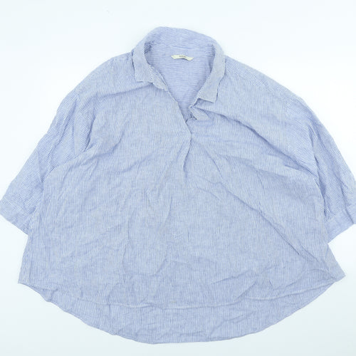 George Womens Blue Striped Linen Basic Blouse Size 24 V-Neck