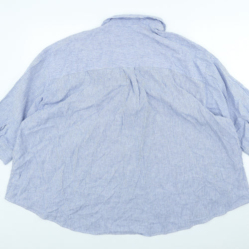 George Womens Blue Striped Linen Basic Blouse Size 24 V-Neck