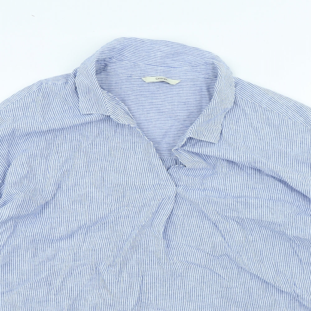 George Womens Blue Striped Linen Basic Blouse Size 24 V-Neck