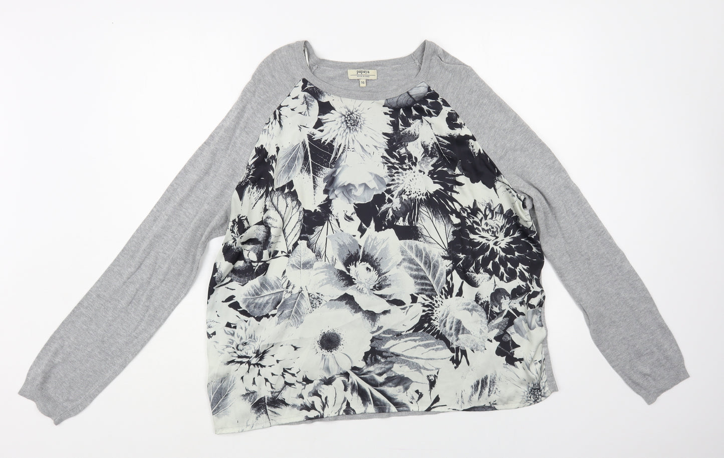 Papaya Womens Grey Boat Neck Floral Viscose Pullover Jumper Size 16