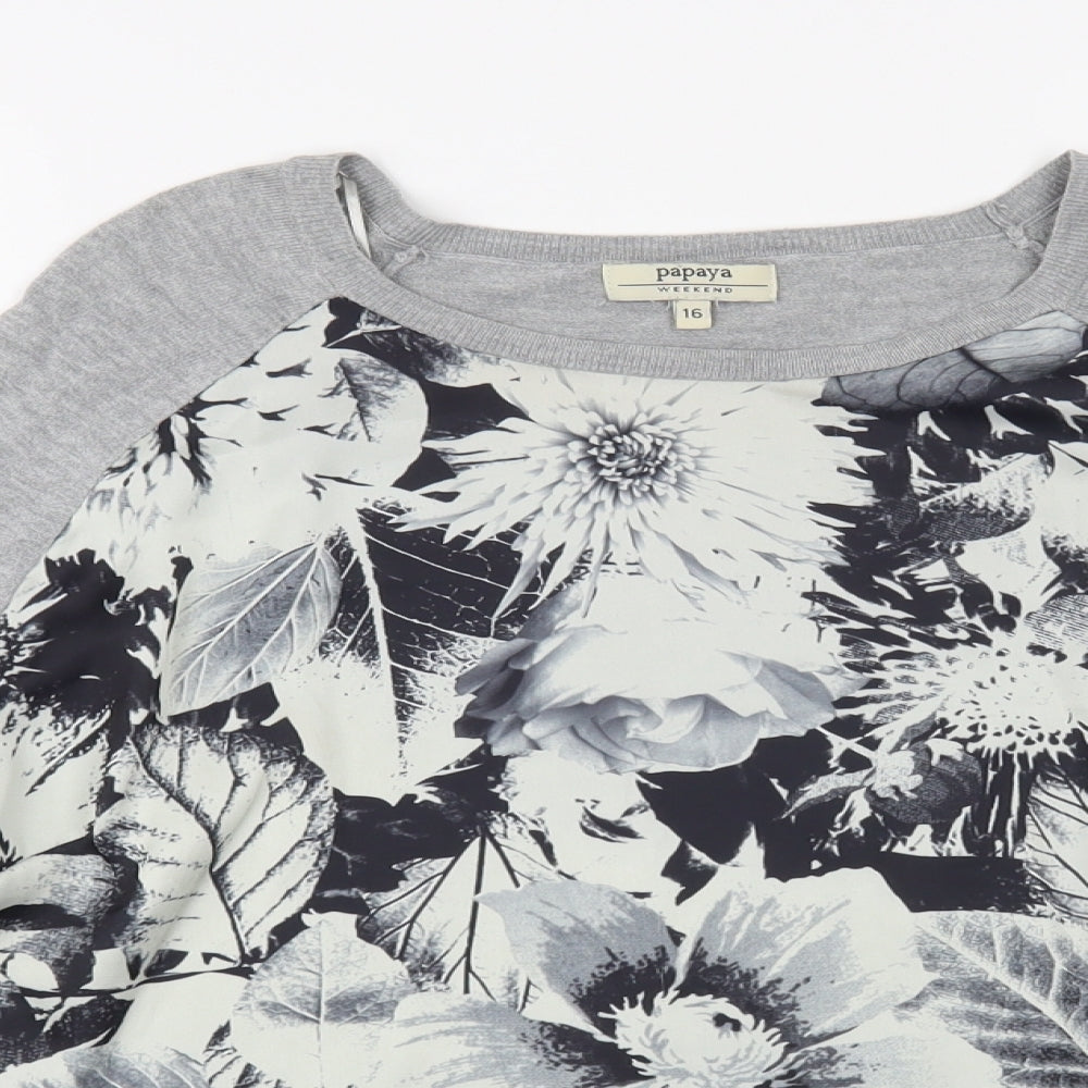 Papaya Womens Grey Boat Neck Floral Viscose Pullover Jumper Size 16