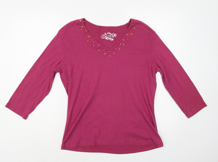 M&Co Womens Pink Cotton Basic T-Shirt Size XL V-Neck