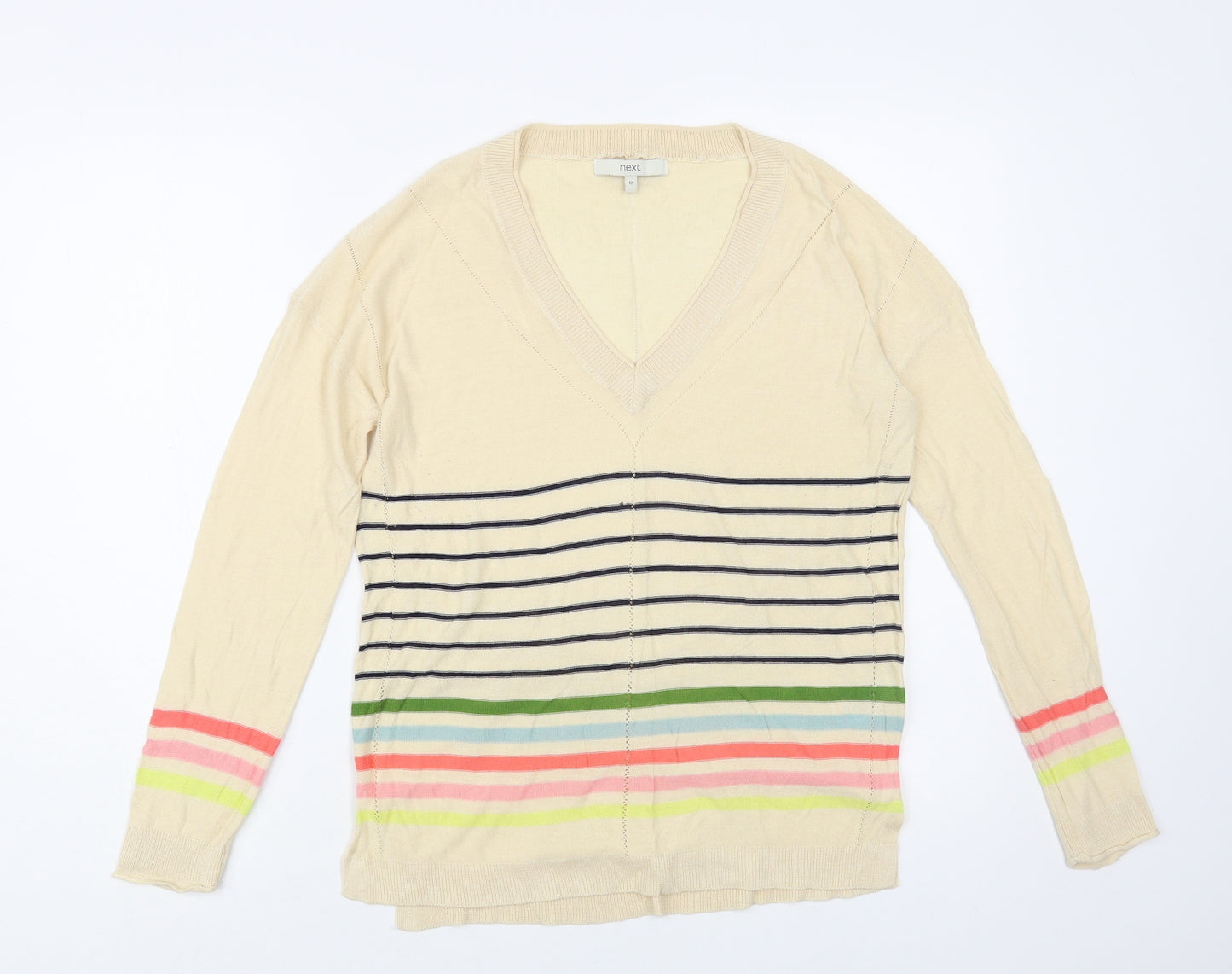 NEXT Womens Multicoloured V-Neck Striped Viscose Pullover Jumper Size 12