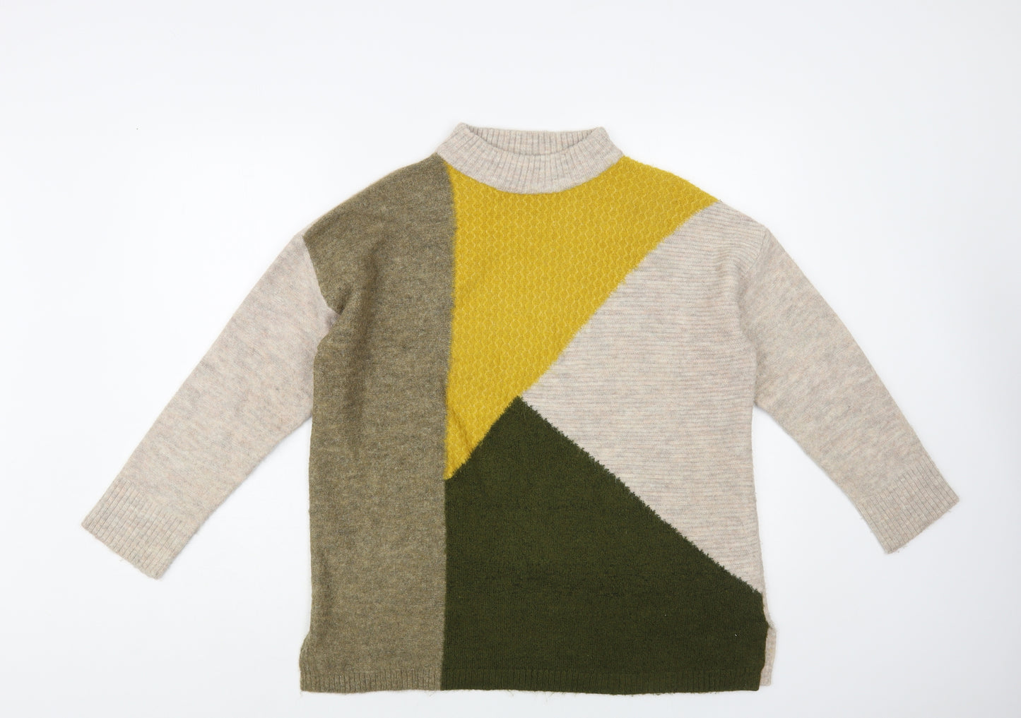 M & Co Womens Beige Mock Neck Geometric Acrylic Pullover Jumper Size 12
