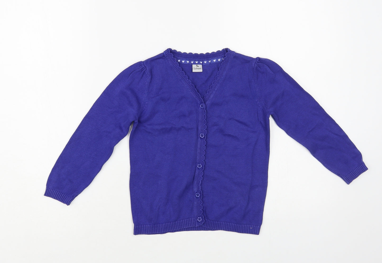 TU Girls Blue V-Neck Cotton Cardigan Jumper Size 4 Years Button - Schoolwear