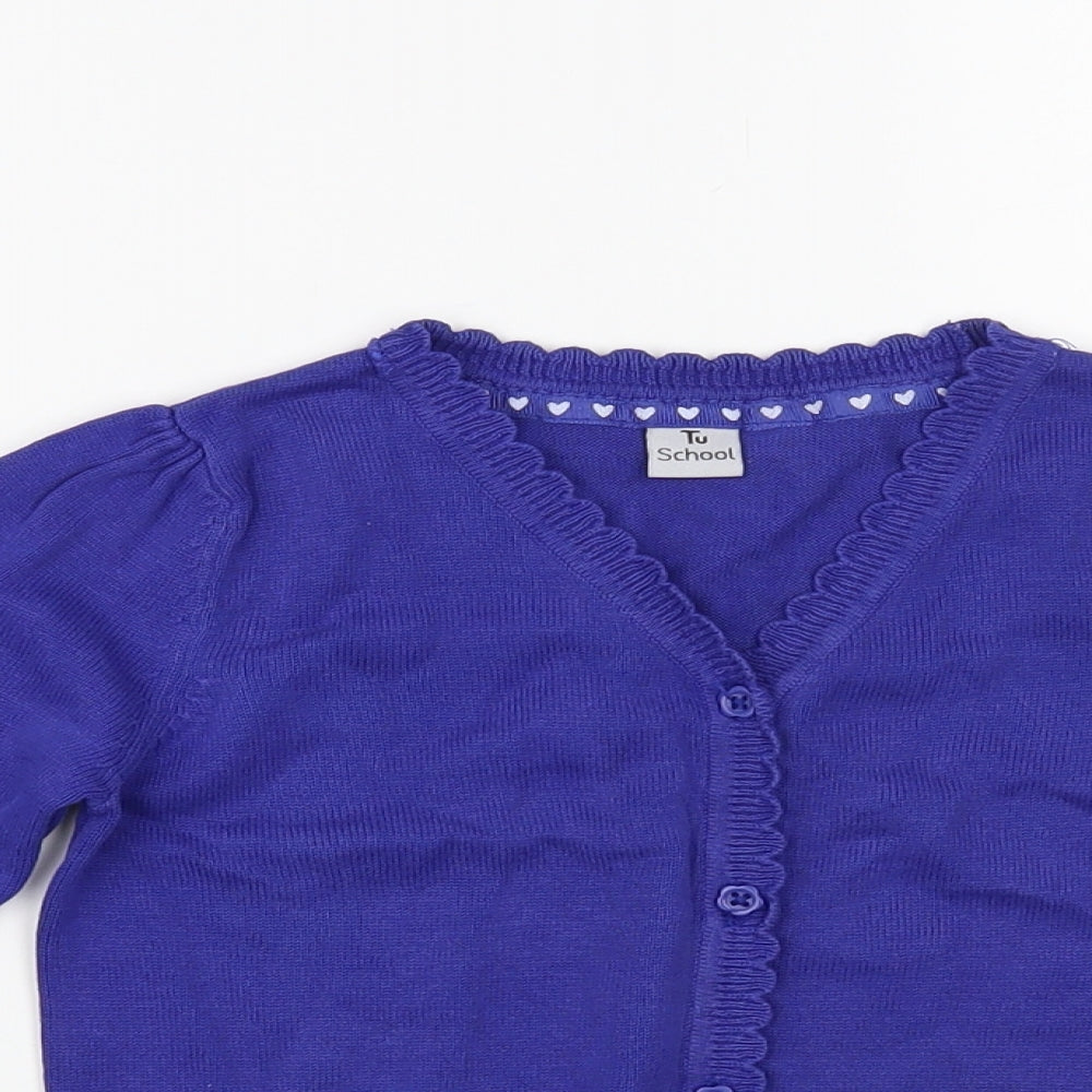 TU Girls Blue V-Neck Cotton Cardigan Jumper Size 4 Years Button - Schoolwear