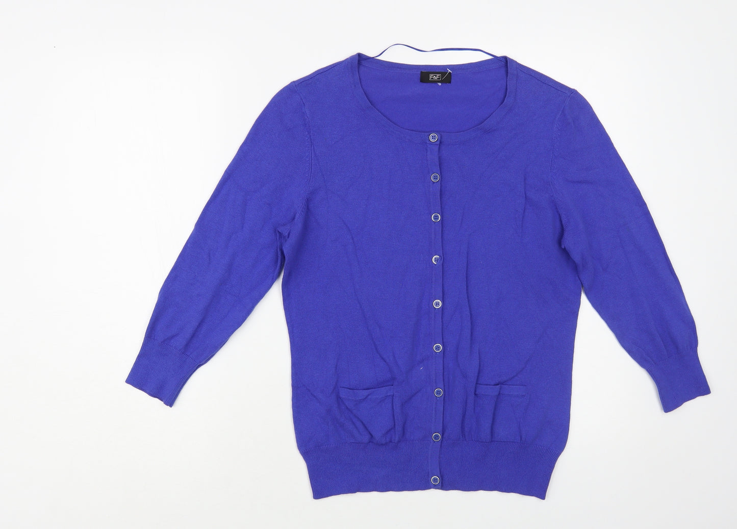 F&F Womens Blue Scoop Neck Cotton Cardigan Jumper Size 14