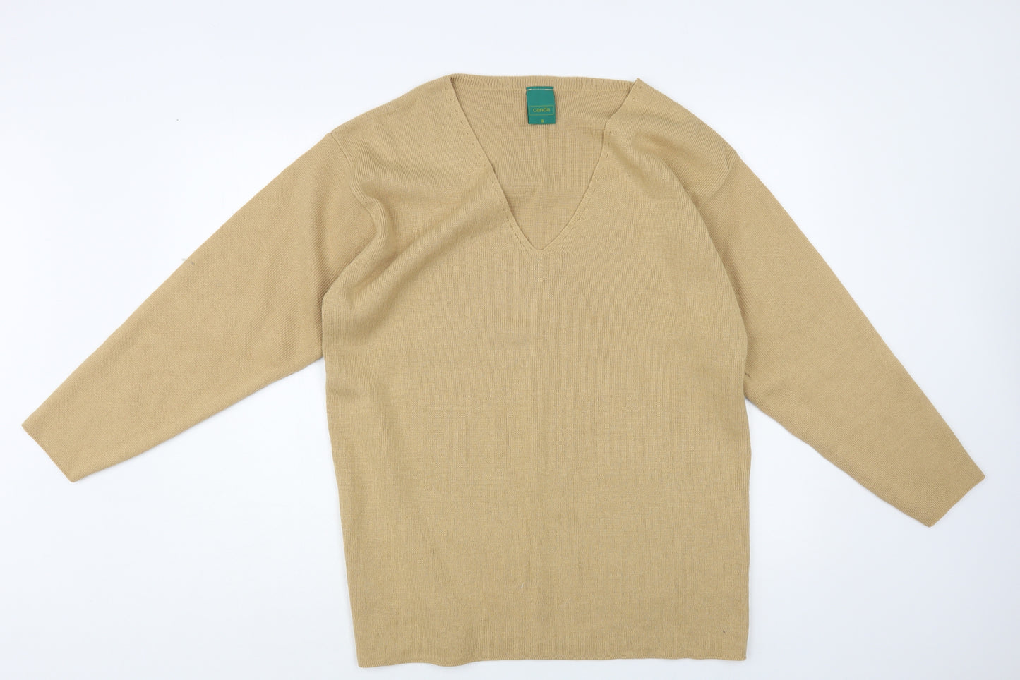 Canda Womens Beige V-Neck Acrylic Pullover Jumper Size S