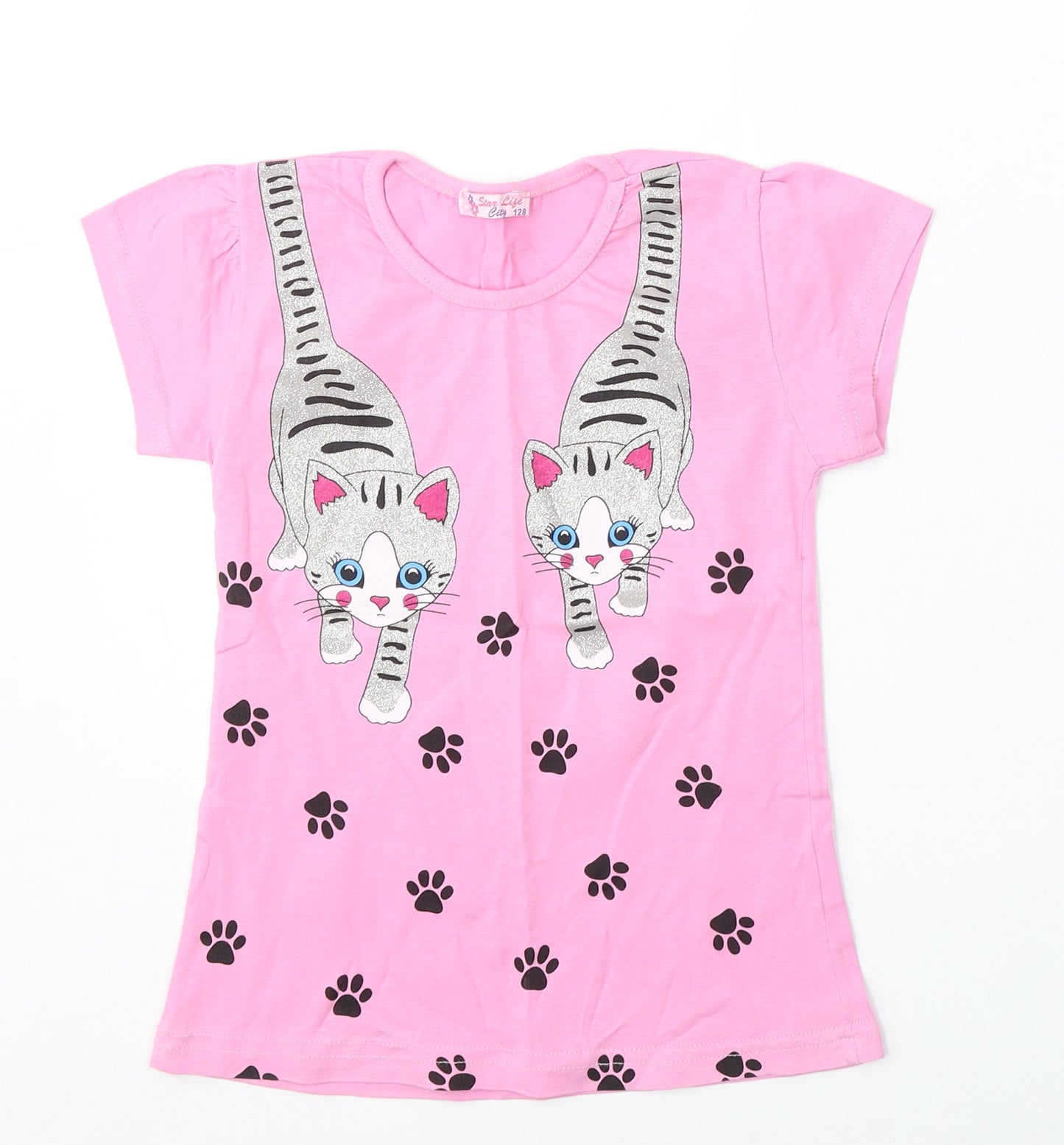 Star Life City Girls Pink Cotton Basic T-Shirt Size 8-9 Years Round Neck - Cats